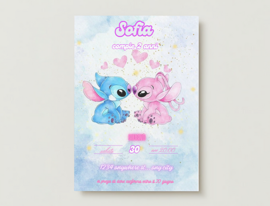 Invito  digitale a tema Stitch & Angel: Un'Esperienza Magica e Romantica per il Tuo Evento!